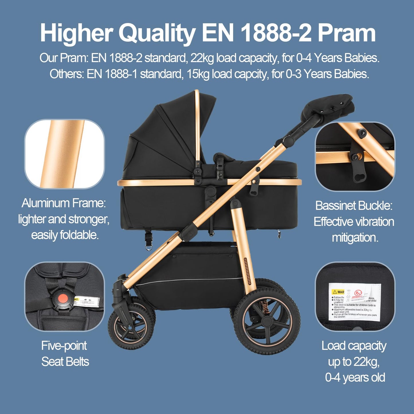 Gcarebb 3 in 1 Prams Travel System, Pushchair with Height Adjustable Handle, Travel Pram with Rain Cover, Baby Stroller with Aluminum Frame for Newborn 0-4 Years