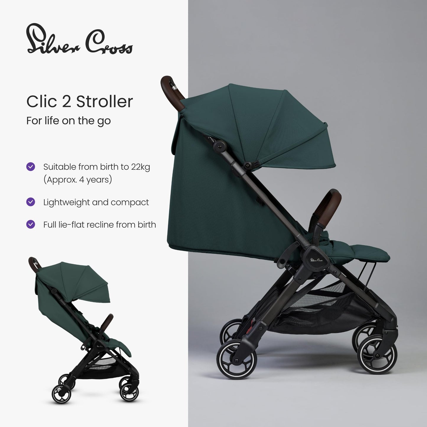 Silver Cross - Clic 2 Compact Stroller & Travel Bag - Travel Stroller For Life On The Go - Foldable & Lightweight - Suitable From Birth To 4 years - Conifer