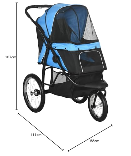 PawHut Dog Pram, Dog Stroller Jogger Foldable Pet Pushchair for Medium, Small Breeds, w/Rubber Wheels, Washable Cushion, Blue