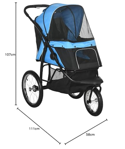 PawHut Dog Pram, Dog Stroller Jogger Foldable Pet Pushchair for Medium, Small Breeds, w/Rubber Wheels, Washable Cushion, Blue
