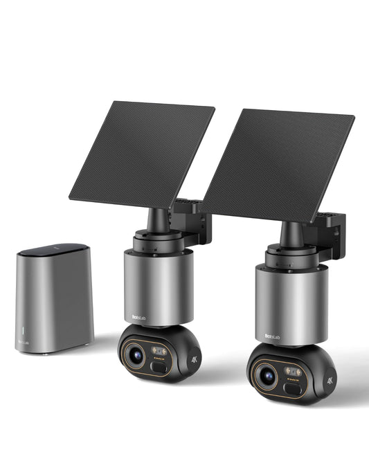 BOTSLAB 4K Security Camera Outdoor Wireless 2 Cam-Kit, No Subscription, 360° PTZ Outdoor Camera with Homebase, Solar Camera Wireless, Night Vision, 32GB Local Storage, Intelligent Recognition