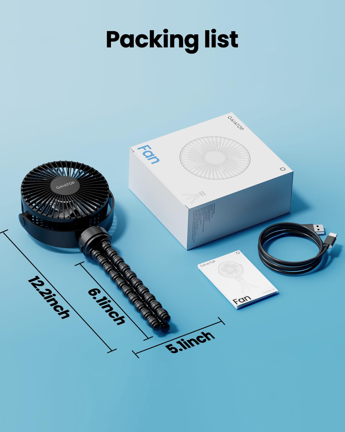 gaiatop Mini Stroller Fan – Clip & Battery, 3 Speeds, Flexible, Black