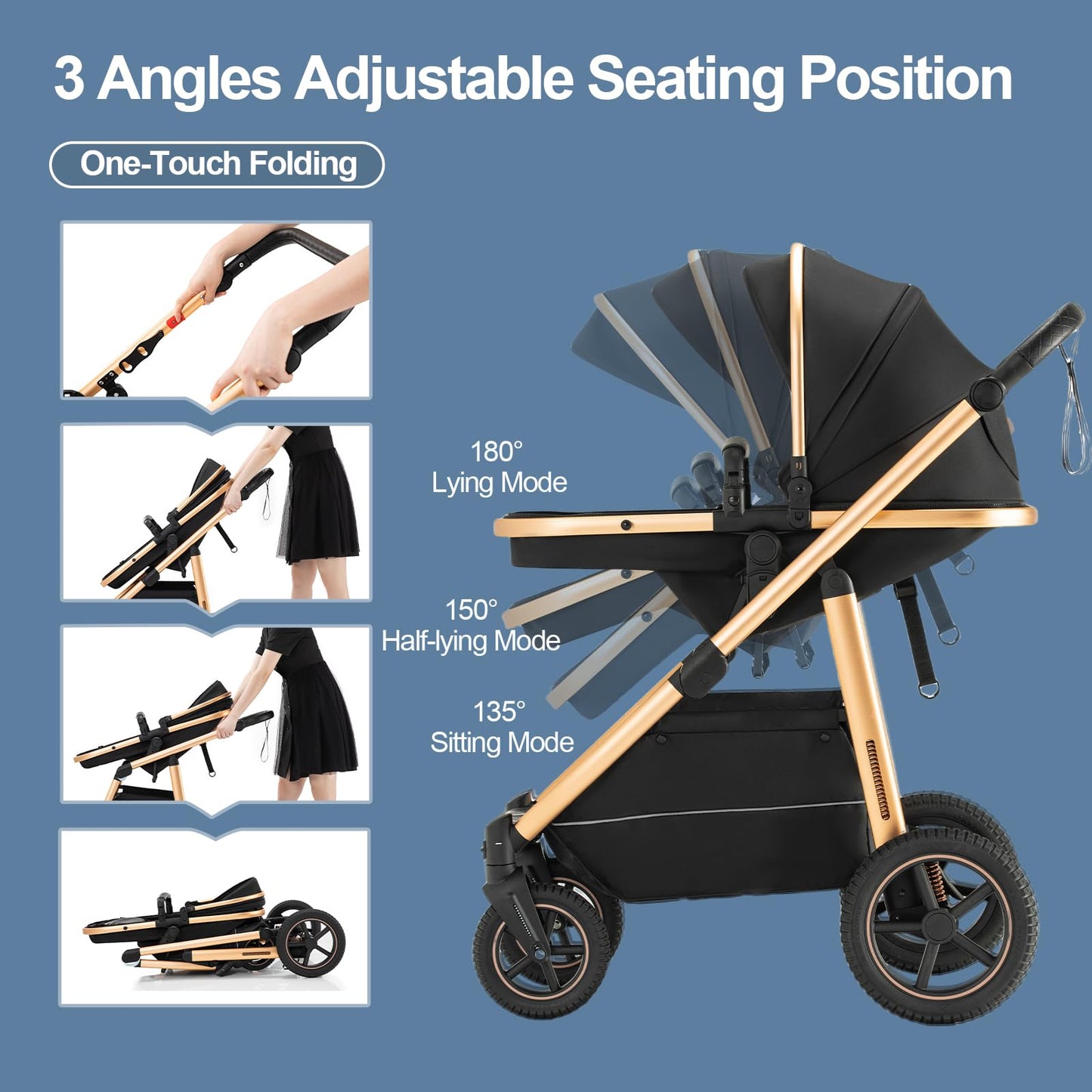 Gcarebb 3 in 1 Prams Travel System, Pushchair with Height Adjustable Handle, Travel Pram with Rain Cover, Baby Stroller with Aluminum Frame for Newborn 0-4 Years