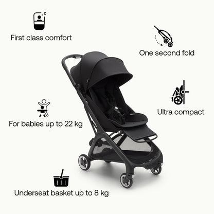 Bugaboo Butterfly Ultra Compact Travel Stroller, Small & Lightweight, Easy 1-Second Fold, Ergonomic and Extra Spacious City Pushchair from Baby to Toddler, Comfortable Steering, Black/Midnight Black