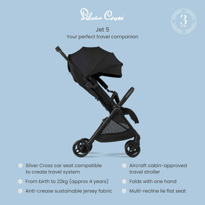 Silver Cross - Jet 5 Compact Pushchair - Travel Stroller - Foldable & Lightweight Stroller/Travel System - Cabin Size - Car Seat Compatible - Newborn to 4 years - Space