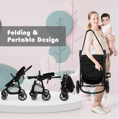 COSTWAY 2 in 1 Baby Pushchair, Foldable Travel System Pram with Reversible Seat, Adjustable Canopy, Storage Basket, Cup Holder, Lightweight Infant Stroller for 0-36 Months (Black)