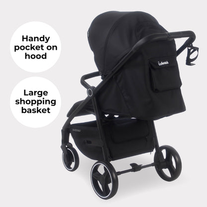 My Babiie MB160 Pushchair – from Birth to 4 Years (22kg), 4-Wheel Suspension, Large Basket, XL Canopy, Foldable, Compact, Stroller with Footmuff, Cup Holder, Rain Cover – Black Leopard