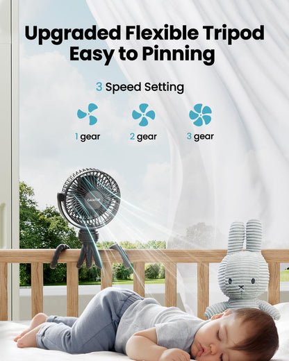 gaiatop Mini Stroller Fan – Clip & Battery, 3 Speeds, Flexible, Black