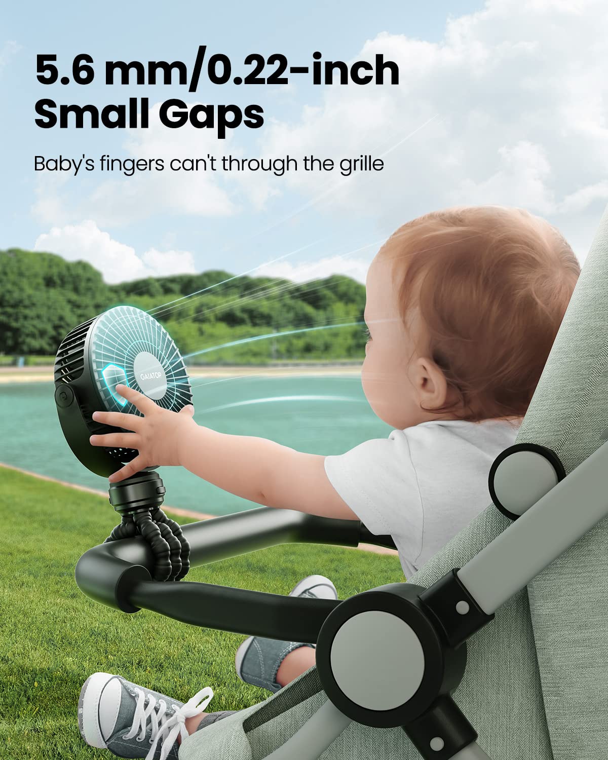 gaiatop Mini Stroller Fan – Clip & Battery, 3 Speeds, Flexible, Black