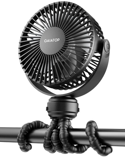 gaiatop Mini Stroller Fan – Clip & Battery, 3 Speeds, Flexible, Black