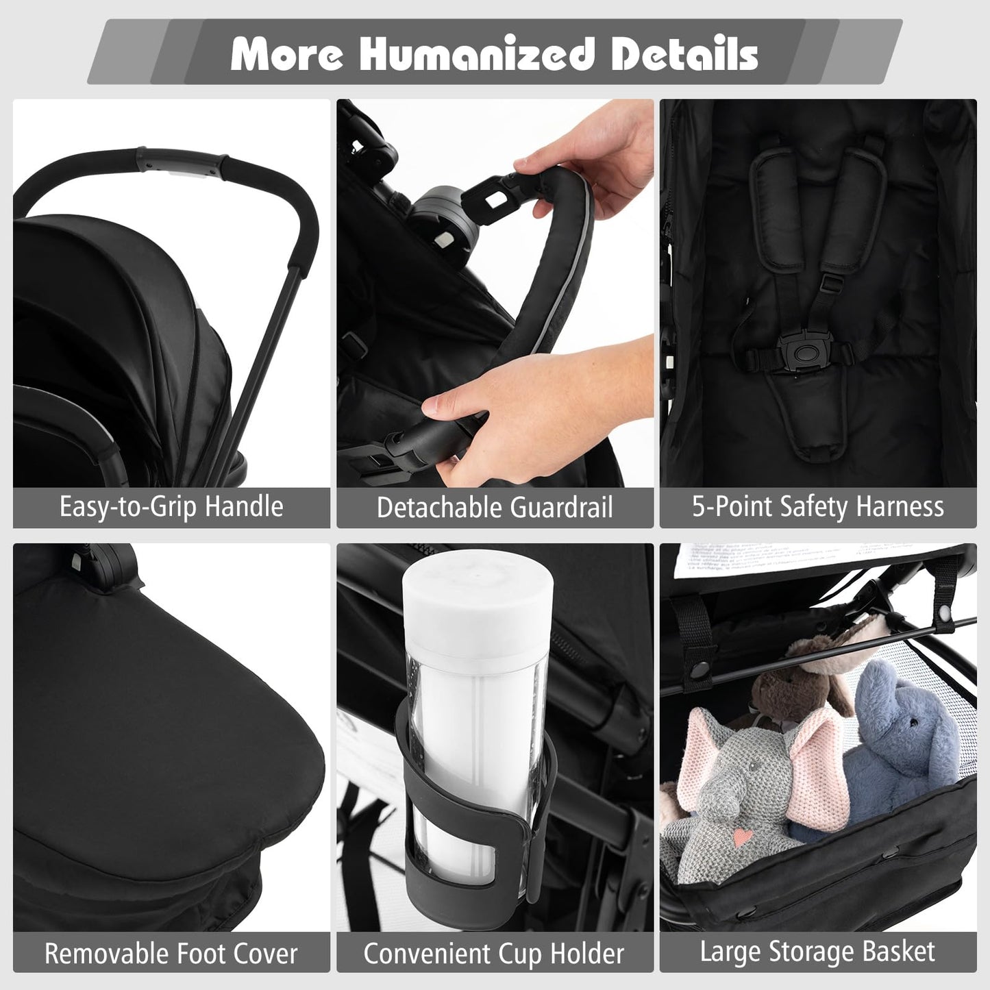 COSTWAY 2 in 1 Baby Pushchair, Foldable Travel System Pram with Reversible Seat, Adjustable Canopy, Storage Basket, Cup Holder, Lightweight Infant Stroller for 0-36 Months (Black)