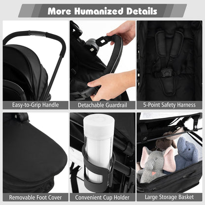 COSTWAY 2 in 1 Baby Pushchair, Foldable Travel System Pram with Reversible Seat, Adjustable Canopy, Storage Basket, Cup Holder, Lightweight Infant Stroller for 0-36 Months (Black)