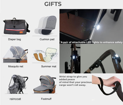 Baby Pram Pushchair Buggy Stroller 3 in 1 Child Lightweight Folding Stroller 3 in 1 Travel System Pram for Newborns Toddlers from Birth Aluminum (Black Silver)