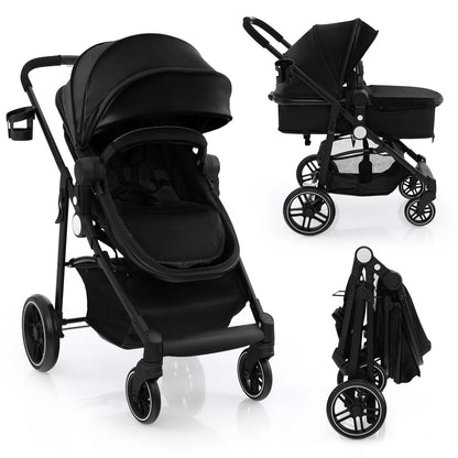 COSTWAY 2 in 1 Baby Pushchair, Foldable Travel System Pram with Reversible Seat, Adjustable Canopy, Storage Basket, Cup Holder, Lightweight Infant Stroller for 0-36 Months (Black)