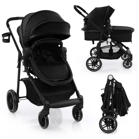 COSTWAY 2 in 1 Baby Pushchair, Foldable Travel System Pram with Reversible Seat, Adjustable Canopy, Storage Basket, Cup Holder, Lightweight Infant Stroller for 0-36 Months (Black)