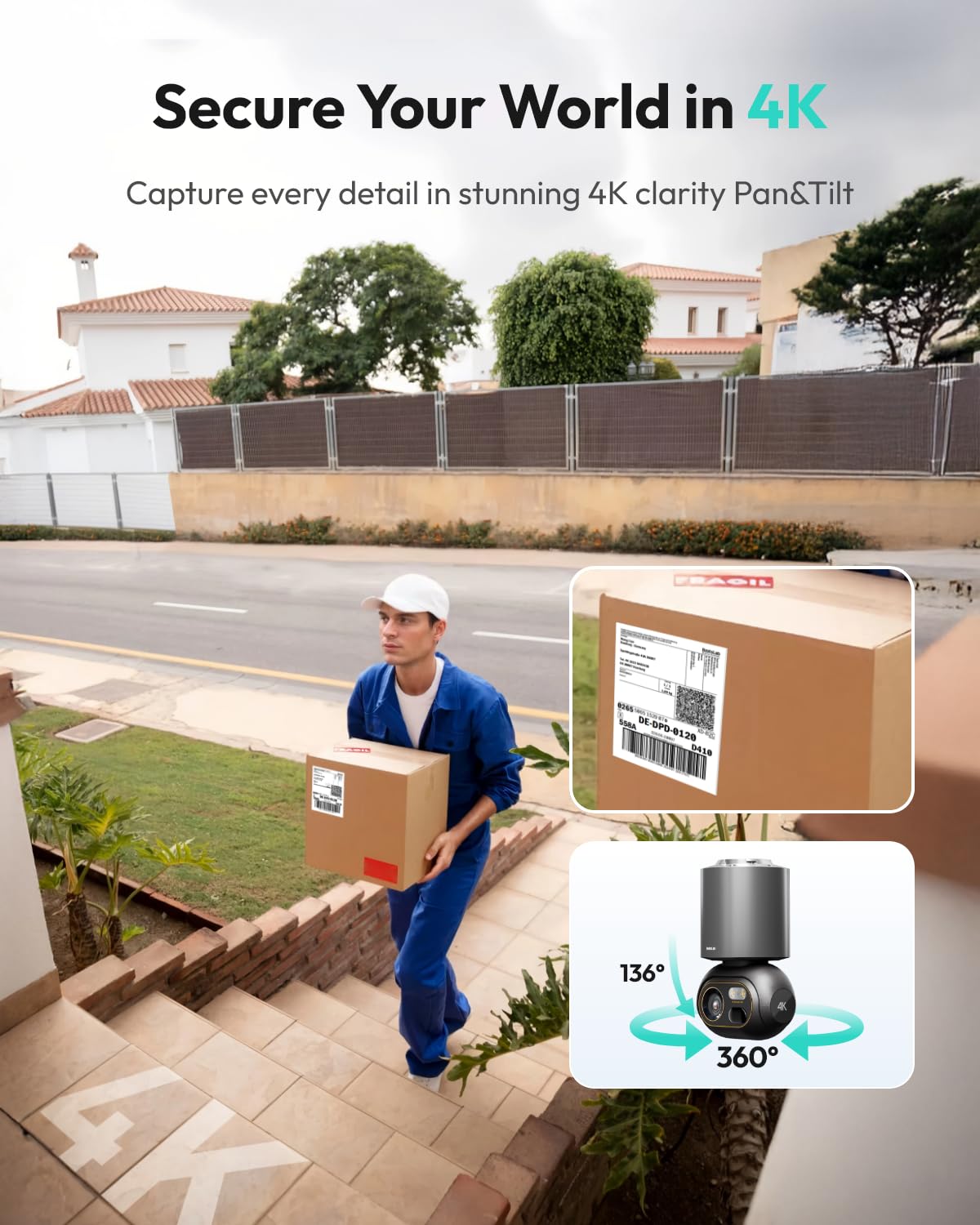 BOTSLAB 4K Security Camera Outdoor Wireless 2 Cam-Kit, No Subscription, 360° PTZ Outdoor Camera with Homebase, Solar Camera Wireless, Night Vision, 32GB Local Storage, Intelligent Recognition