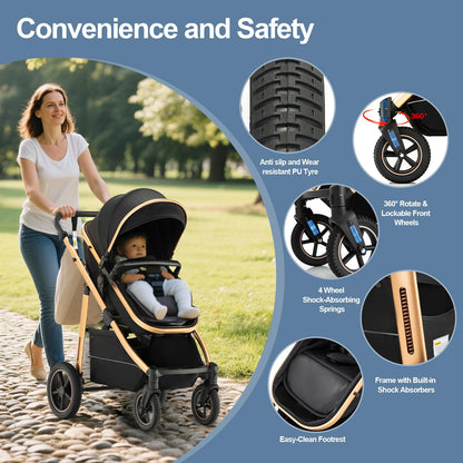 Gcarebb 3 in 1 Prams Travel System, Pushchair with Height Adjustable Handle, Travel Pram with Rain Cover, Baby Stroller with Aluminum Frame for Newborn 0-4 Years