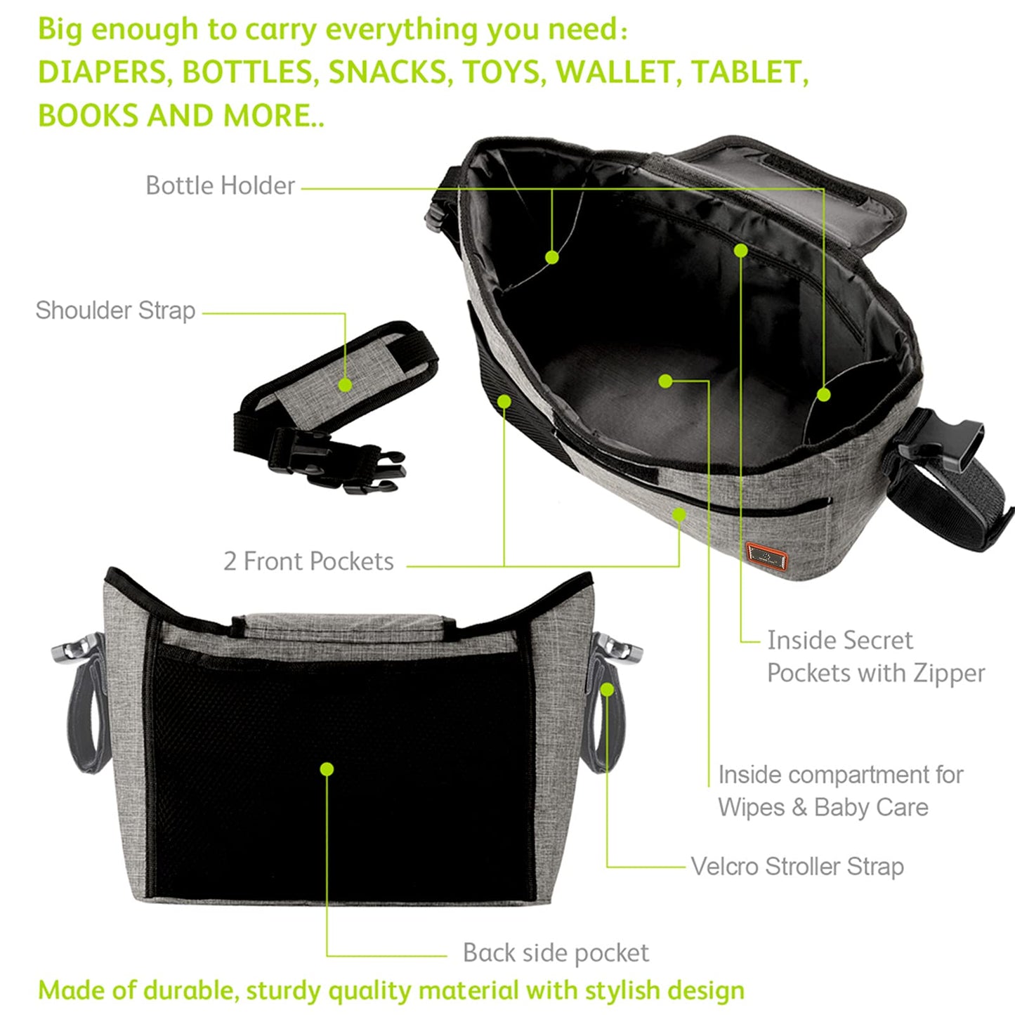 Stroller Organizer Bag 11 L – Cup Holder & Shoulder Strap, Gray
