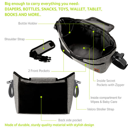 Stroller Organizer Bag 11 L – Cup Holder & Shoulder Strap, Gray