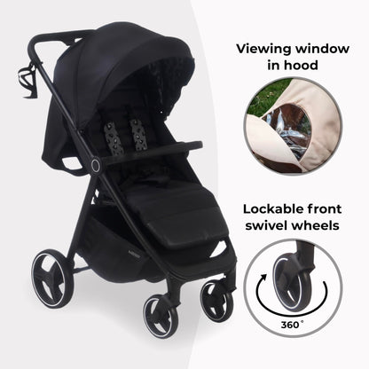 My Babiie MB160 Pushchair – from Birth to 4 Years (22kg), 4-Wheel Suspension, Large Basket, XL Canopy, Foldable, Compact, Stroller with Footmuff, Cup Holder, Rain Cover – Black Leopard
