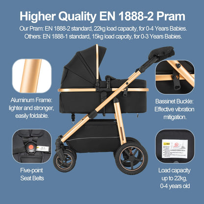 Gcarebb 3 in 1 Prams Travel System, Pushchair with Height Adjustable Handle, Travel Pram with Rain Cover, Baby Stroller with Aluminum Frame for Newborn 0-4 Years