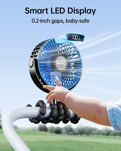 SWEETFULL Mini Stroller Fan – LED, 4000 mAh Battery, 4 Speeds, Portable