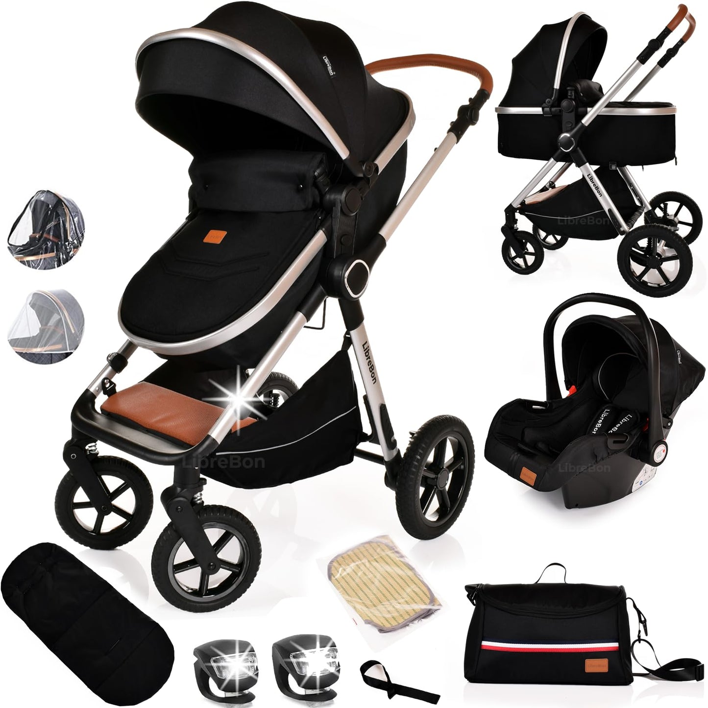 Baby Pram Pushchair Buggy Stroller 3 in 1 Child Lightweight Folding Stroller 3 in 1 Travel System Pram for Newborns Toddlers from Birth Aluminum (Black Silver)