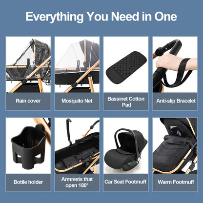 Gcarebb 3 in 1 Prams Travel System, Pushchair with Height Adjustable Handle, Travel Pram with Rain Cover, Baby Stroller with Aluminum Frame for Newborn 0-4 Years
