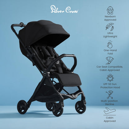 Silver Cross - Jet 5 Compact Pushchair - Travel Stroller - Foldable & Lightweight Stroller/Travel System - Cabin Size - Car Seat Compatible - Newborn to 4 years - Space