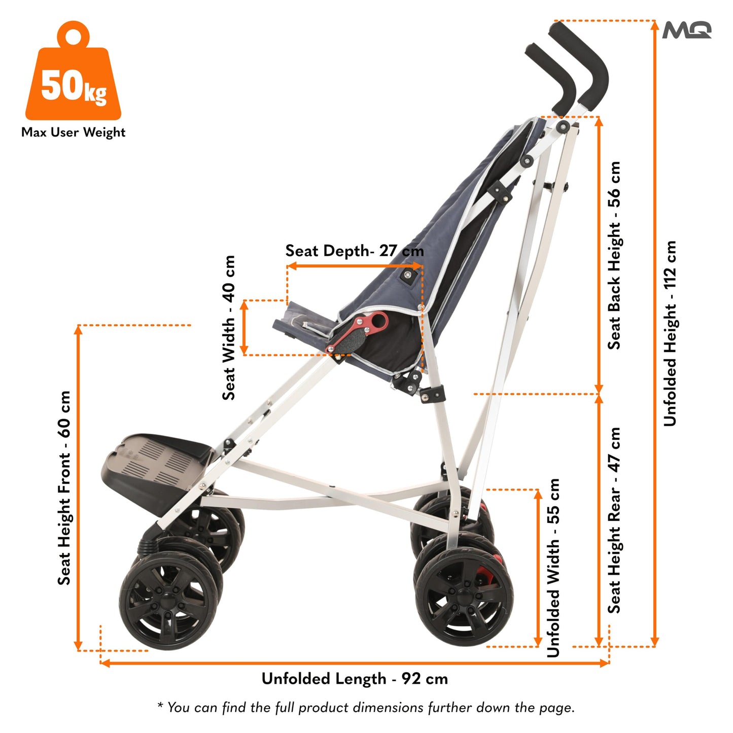 MobiQuip XL Disability Pushchair, Blue - Special Needs Stroller for Older Children up to 50kg - Lightweight Folding Aluminium Frame - Adjustable Footplate & 5-Point Harness - Smooth & Portable