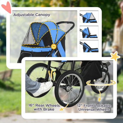 PawHut Dog Pram, Dog Stroller Jogger Foldable Pet Pushchair for Medium, Small Breeds, w/Rubber Wheels, Washable Cushion, Blue