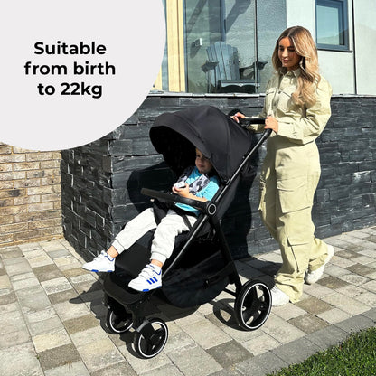 My Babiie MB160 Pushchair – from Birth to 4 Years (22kg), 4-Wheel Suspension, Large Basket, XL Canopy, Foldable, Compact, Stroller with Footmuff, Cup Holder, Rain Cover – Black Leopard